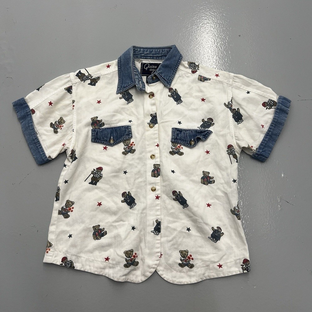 Quizz Again Vintage Teddy Bear Star Print Denim Trim Button Down Shirt White M
